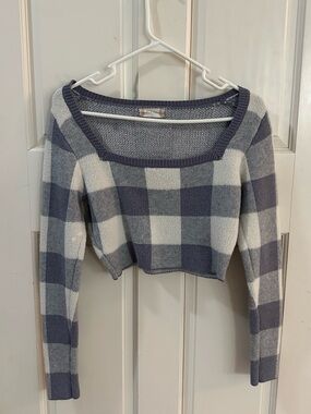 Altar'd State Blue and Cream Plaid Cropped Square-Neck Sweater